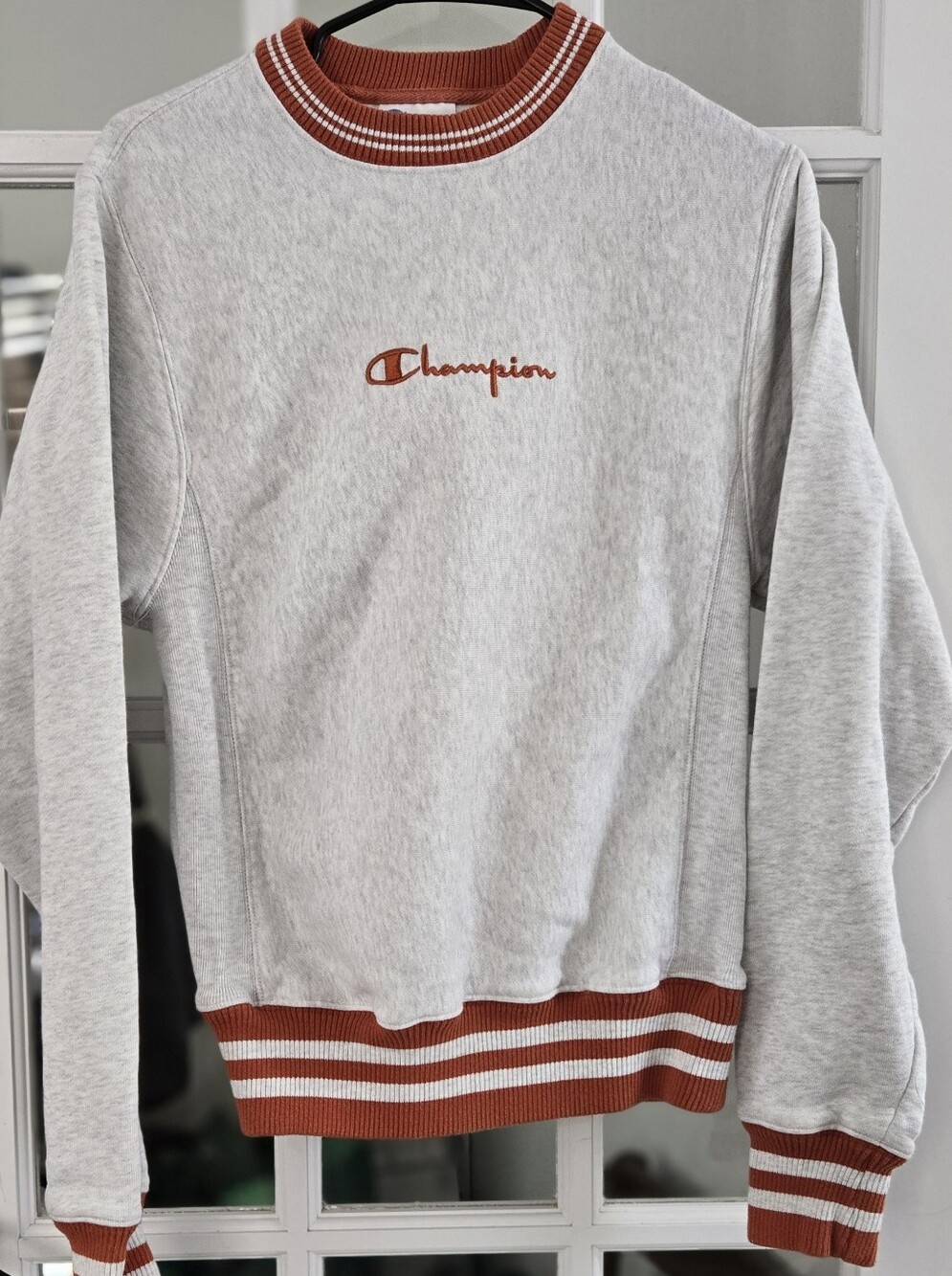 Champion Men's Light Gray Crewneck Sweater with Rust Trim